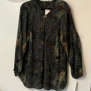 Zac & Rachel Black Blue and Green Peacock-Print Top